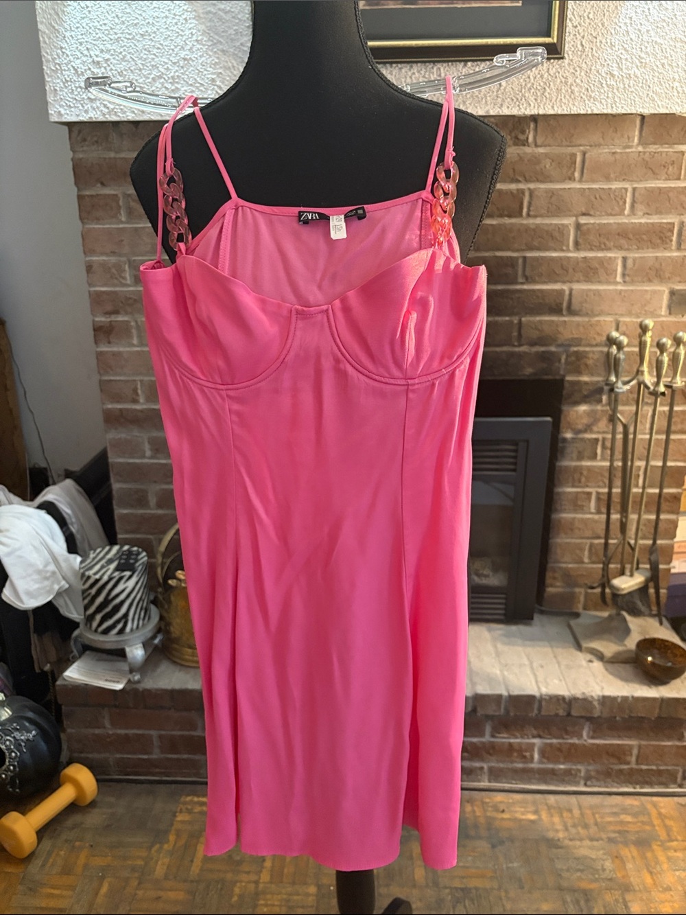 Zara Hot Pink Satin Slip Dress with Chain-Link Straps